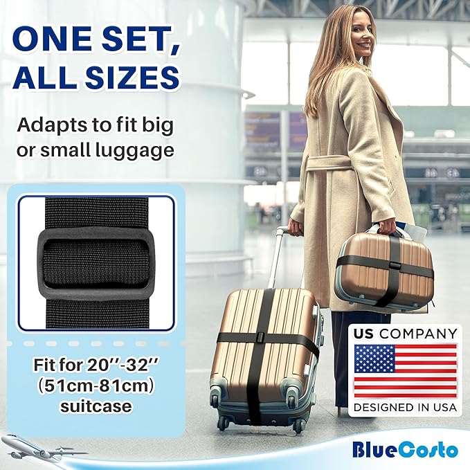 Luggage Straps for Suitcases - TSA Approved - Black, 4 PK - Premium Nylon Belts for Suitcase, Briefcase & Travel Bag - Adjustable Strap Length 46" - 78"