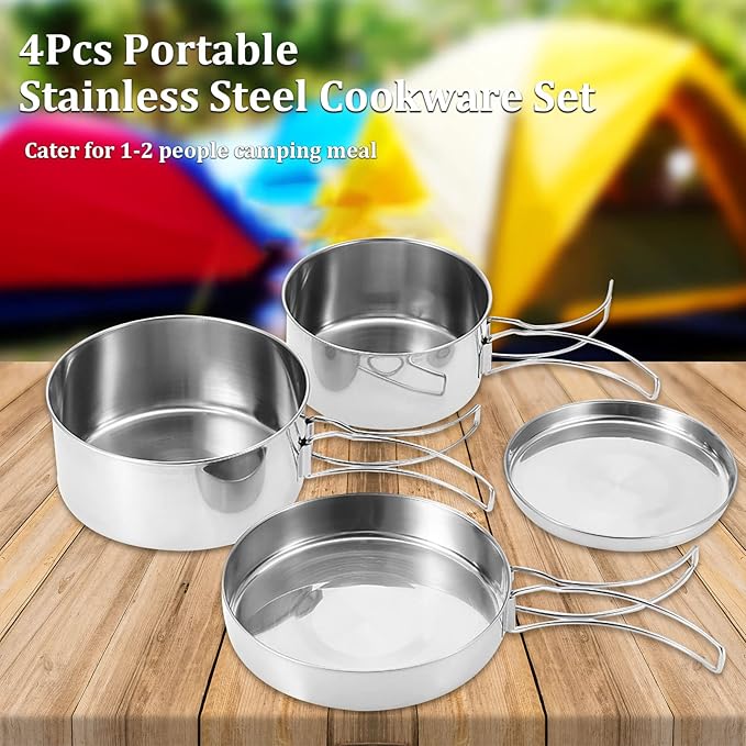Camping Pots Pans, 4Pcs Portable Foldable Stainless Steel Combination Pot Cookware Set Camping Kitchenware Picnic Outdoor Pan Pot Plate Tableware Backpacking Gear for Camping Hiking Picnic