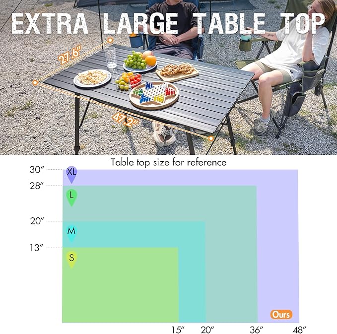PORTAL Camping Table Portable Foldable with Adjustable Legs, Aluminum Folding Table Roll Up Table with Carrying Bag for Outdoor, Beach, Picnic, Backyards, BBQ and Party, Black, Big