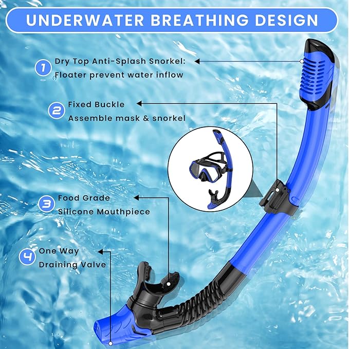 Snorkeling Gear for Adults, Adult Snorkel Mask Set Scuba Diving Dry-Top, Swimming Goggles w/Nose Cover, HD Tempered Glass Panoramic Anti-Leak Anti-Fog, Travel Snorkeling Packages Storage Bag, 2 Pack