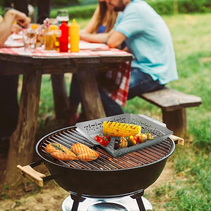 LITTLE GRIDDLE GT-525 Grill Pan and Grill Basket Set, High Sidewalls with Built-in Handles, Stainless Steel & Vented Design - Silver