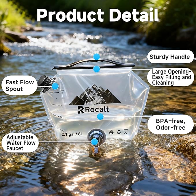 Rocalt 2 Pack Collapsible Water Bag, 2.1Gallon Water Storage Bag, BPA Free Emergency Drinking Camping Water Container for Hiking, Travel, Survival & Outdoor