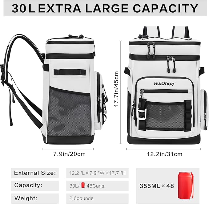 Large Waterproof Insulated Cooler Backpack for Men & Women, Leak Proof Cooler Backpack for Camping, Beach, Fishing, Picnic, Travel, Outdoor, 30L, 48Cans