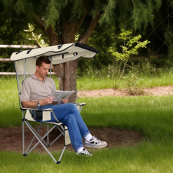 PLKO Camping Chairs with Canopy, Portable Quad Lawn Chair for Adults, Folding Recliner Chair with Cup Holder Outdoor Events and Shade- Support 330 LBS
