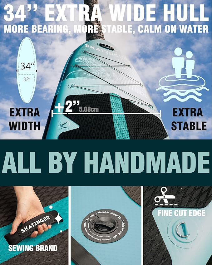 11'x34'' Extra Wide Inflatable Paddle Board, Up to 420lbs Stand-up Paddle Boards for Adults, Stable SUP for 2 People/Family, 3-PCS Paddle, Shoulder Strap, US Fin