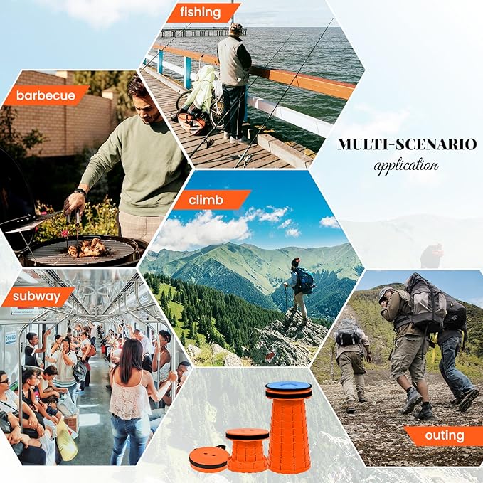 2 Pack Upgraded Collapsible Stool Folding Stool with Cushion,Retractable Folding Stool Max Load Capacity 400lbs, Portable Telescoping Stools for Camping Hiking Outdoor BBQ -Orange