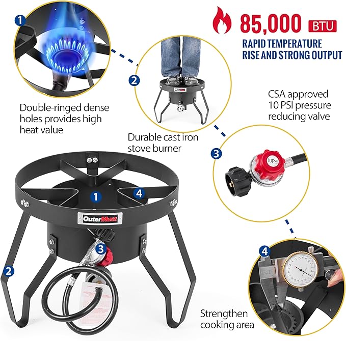Gas Stove Propane Burner with Regulator and Cast Iron Braided Holes (single) for Outdoor Cooking, Camping and Seafood Boil