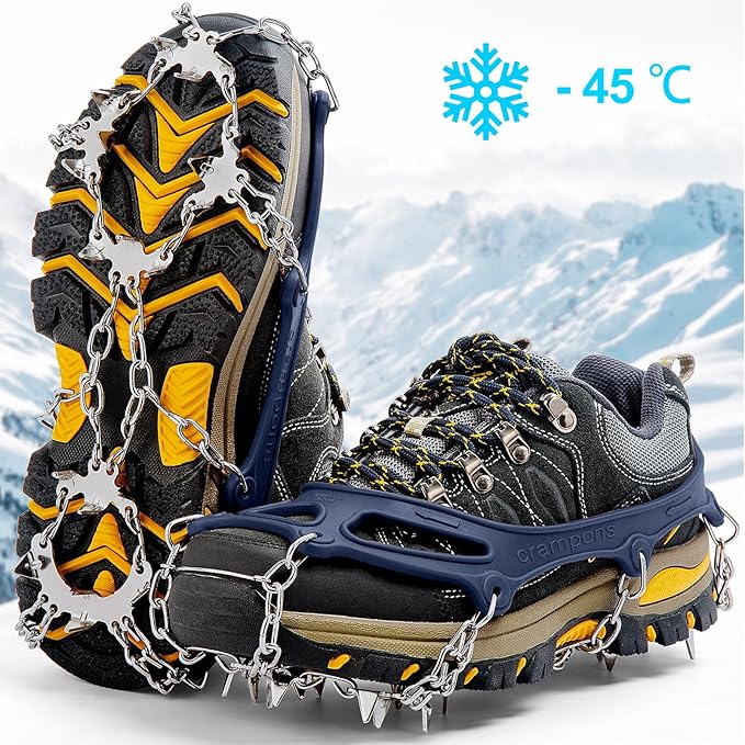 Crampons Ice Cleats Traction Snow Grips for Boots Shoes Women Men Anti Slip 19 Stainless Steel Spikes Safe Protect for Hiking Fishing Walking Climbing Mountaineering