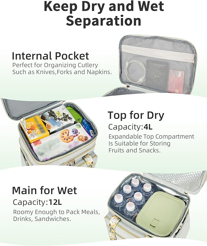 Double Deck Lunch Box for Women, Expandable Insulated Large Lunch Bag Women Leakproof Lightweight Lunch Cooler Bag Durable Lunchbox for Work Outdoor Travel, Green