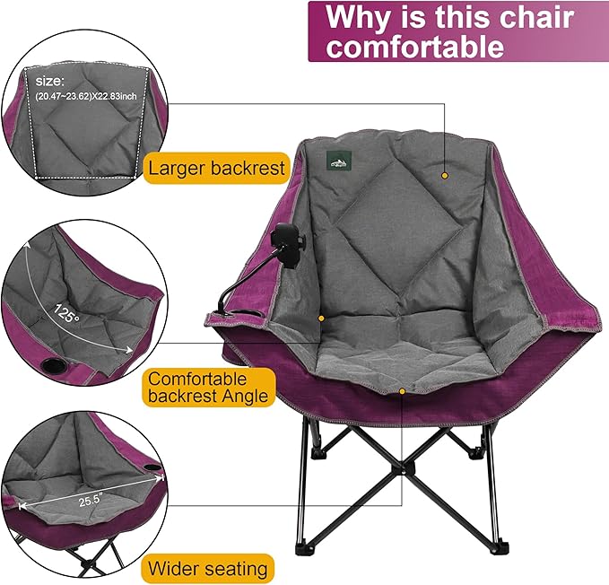 Northroad Oversized Foldable Camping Chair with Cell Phone Holder,Outdoor Padded Lawn Chair w/Cup Holder,Carry Bag for Beach, Hiking, and Picnics,Heavy-Duty 300-lbs Capacity, Purple