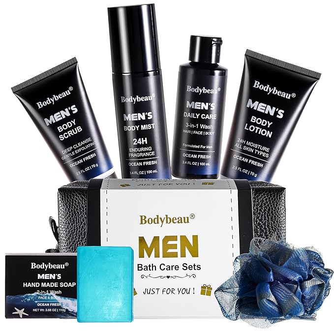 Gift for Men, 7-Piece Bath and Body Spa Gift Set, Men's Skin Care Includes 3-in-1 Face Wash, Handmade Soap, Body Mist, Lotion, Shower Sponge & Travel Bag-Gifts for Dad, Husband, Boyfriend and Friends