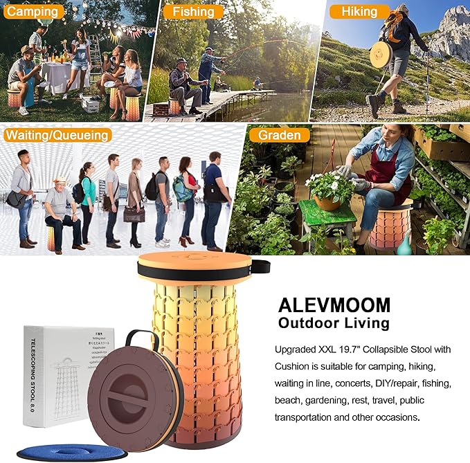 ALEVMOOM Upgraded XXL 19.7" Collapsible Stool, Heavy Duty Portable Folding Stool Max Load 1000 lbs, Retractable Telescoping Foldable Seat for Camping Fishing Hiking Travel BBQ
