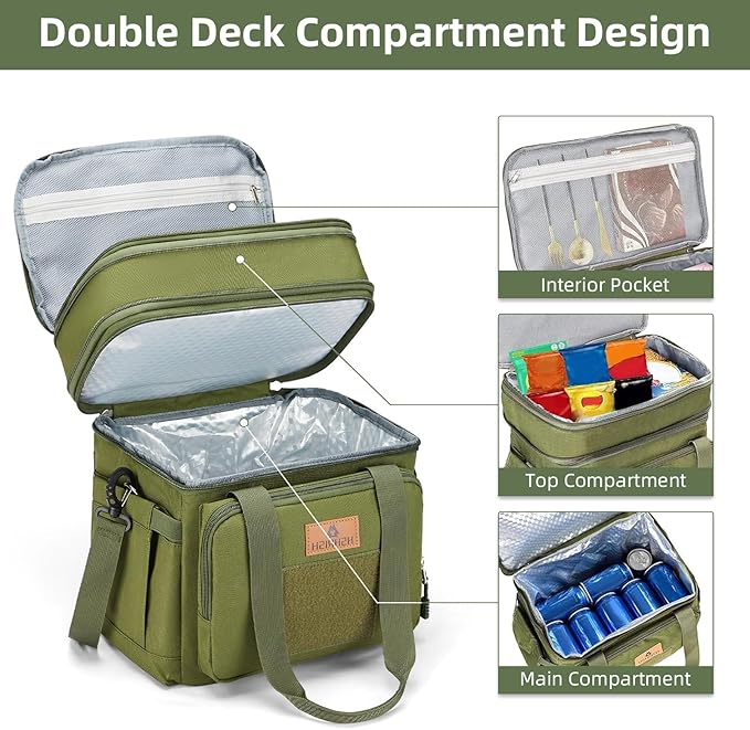 HSHRISH XLarge Expandable Tactical Lunch Box for Adults, Insulated Heavy Duty Lunch Pail, Leakproof Lunch Cooler for Men Work Outdoor Picnic Road Trip Camping, 36 Cans/22 L, Army Green