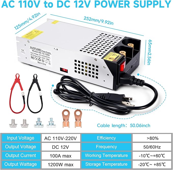 DC 12V 100A 1200W Power Supply 110V AC to 12v DC Converter Power Supply Adapter 100A 1200W Switch Transformer for Motor Pump CCTV Security Camera Car Stereo 3D Printer