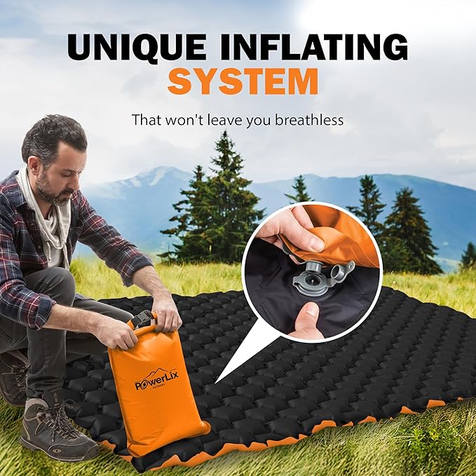 POWERLIX Double Inflatable Sleeping Pad - Camping Mattress for Backpacking, Hiking Traveling, Compact Camping Sleeping Mat for 2 Person, Portable Ultralight Camping Pad Air Mattress Orange
