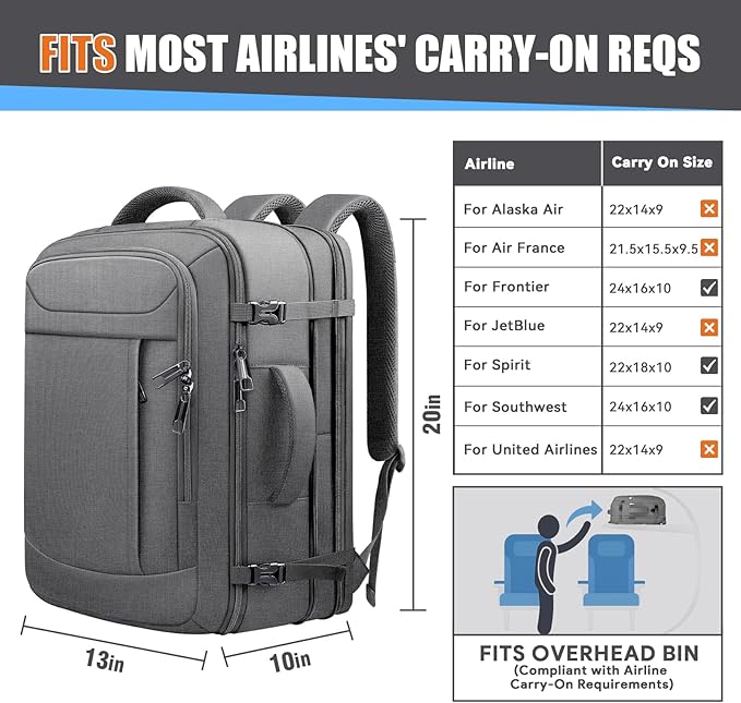 Carry On Backpack, Travel Laptop Backpack, Expandable 40-50L Large Luggage TSA Flight Approved Anti-Theft Laptop Bag, Sturdy 17 Inch TSA Friendly Water Resistant Business Bag for Men, Grey