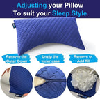 Sidney Sleep Pillow for Side and Back Sleepers - Comfort for Neck and Shoulder Pain - Adjustable and Customizable Shredded Memory Foam Filling - Queen Size - Additional Foam Fill Included (Blue)