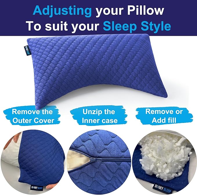 Sidney Sleep Pillow for Side and Back Sleepers - Comfort for Neck and Shoulder Pain - Adjustable and Customizable Shredded Memory Foam Filling - Queen Size - Additional Foam Fill Included (Blue)