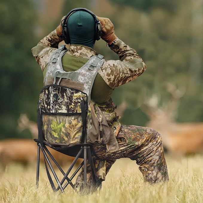 FLISSA Tripod Hunting Chair with Backrest, Portable Hunting Stool Supports 250 LBS, Foldable Camo Seat with Carry Strap for Hunting, Hiking, Fishing and Camping