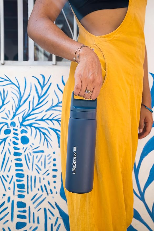LifeStraw Go Series – Insulated Stainless Steel Water Filter Bottle for Travel and Everyday Use, Removes Bacteria, Parasites and Microplastics, Improves Taste, 18oz Aegean Sea