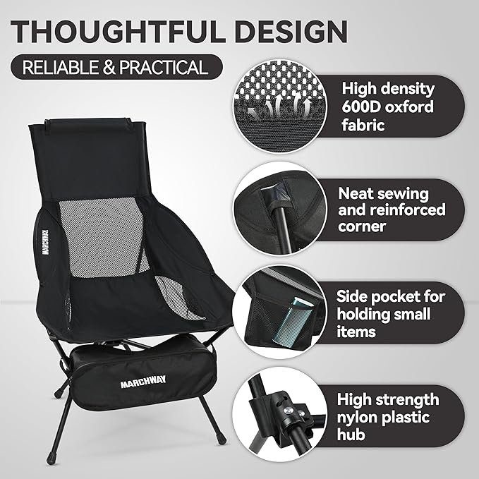 MARCHWAY Lightweight Folding High Back Camping Chair with Head Support, Stable Portable Compact for Outdoor Camp, Travel, Beach, Picnic, Festival, Hiking, Backpacking (Highback Black)