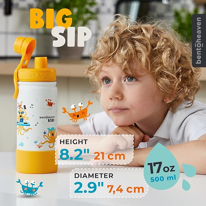 Bentoheaven Kids Water Bottle Stainless Steel for Boys & Girls, 2 Lids (Chug & Straw), Handle & Silicone Boot, Reusable Metal Leak-proof Insulated Tumbler, School & Sports 17oz (Orange)