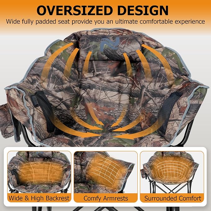 LILYPELLE Oversized Heated Camping Chair, Patio Lounge Chairs with 3 Heat Levels, Portable Folding Heated Chair Round Moon Saucer Folding Lawn Chair Outdoor Chair for Camping, Lounge Patio