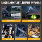 Rechargeable Searchlight Handheld LED Tactical Flashlight with Handle Spotlight High-Power Super Bright Torch with USB Output Torch (Black)