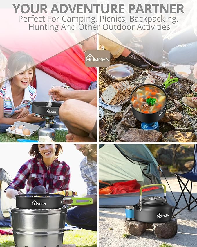 HOMGEN 12-Pieces Ultralight Anodized Aluminum Camping Cookware Set for 2 People - Nesting Pot/Pan with Foldable Handles 800ml Insulated Teapot & Stainless Cups for Camping Hiking