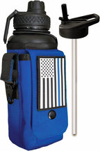 Iron Infidel Battle Bottle - 32 Oz Insulated Water Bottle with Straw Lid & Chug Cap, Stainless Steel Metal Flask Includes Rugged, Removable Sleeve for Keys, Wallet, & Phone (Thin Blue Line 1 Liter)