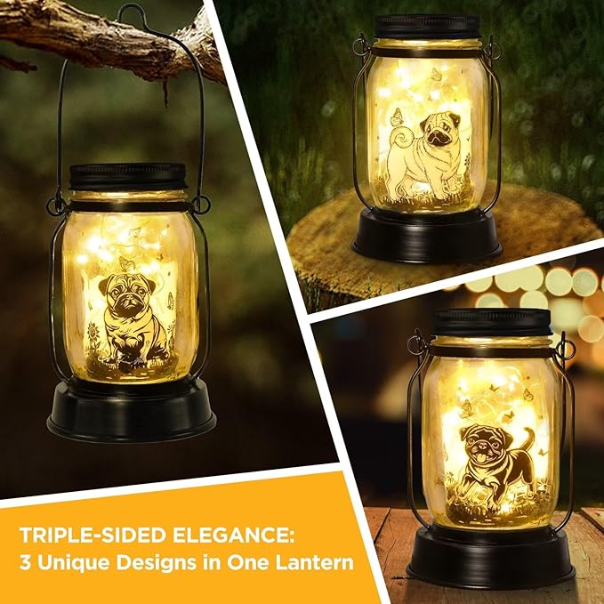kyoryuger Pug Dog Gifts for Women/Men Pug Dog Solar Lanterns Mom Birthday Gift Pet Loss Lantern Pet Memorial Lights Solar Garden Decoration for Yard, Patio,Backyard,Porch Torches