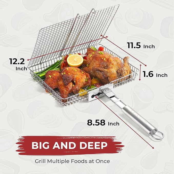 LUSSIER Grilling Basket for Outdoor Grill – Large Foldable Stainless Steel Barbeque Basket with Removable Handle, Skewers & Basting Brush Non-Stick BBQ Grill Basket for Veggies, Fish & Shrimps
