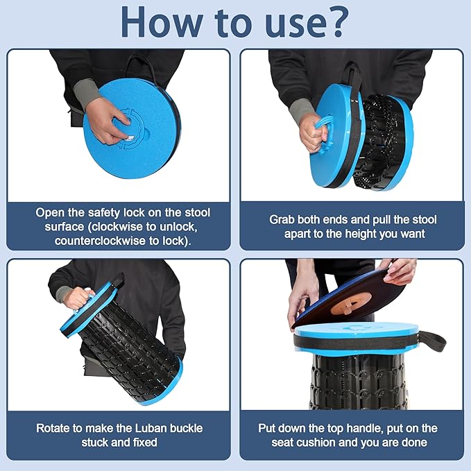 ALEVMOOM 2025 Upgraded XXL 19.7" Collapsible Stool with Cushion, 1000lbs Max Weight Heavy Duty Portable Telescoping Stool, Retractable Seat Folding Chair for Camping Fishing Hiking(Blue-XXL)