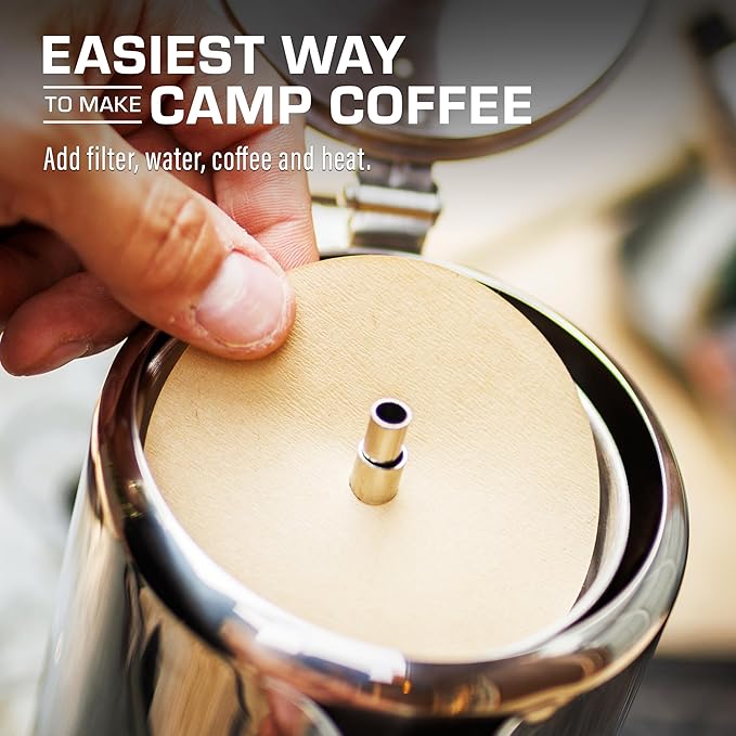 COLETTI Bozeman Super Bundle — Camping Coffee Pot, 2x Glass Globes, 100-Pack of Natural Filters — Camping's Best Percolator – Pure Stainless Steel [9 Cup Bundle]