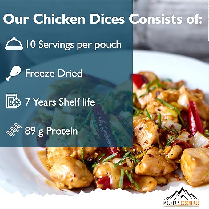 MOUNTAIN ESSENTIALS Freeze-Dried Diced Chicken – Fully Cooked and Ready to Eat | Everyday Pantry Staple for Meal Prep, Camping & Emergency Survival | Premium Quality Meat | 10 Servings per Pouch | Made in USA | 7-Year Shelf Life | Pack of 1