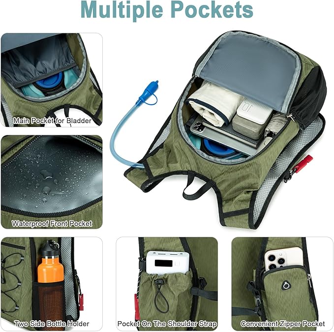 BOVIP Lightweight Hydration Back,15L Multipurpose Hiking Backpack with 1.5L Water Bladder ,Hydro Water Daypack for Cycling Hiking Rave for Men Women