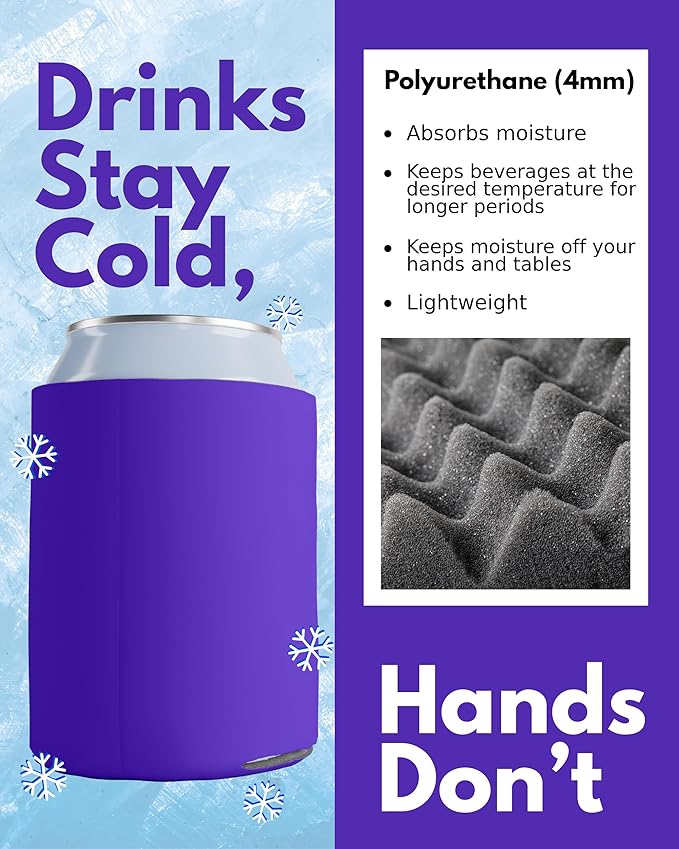 PartyPrints 25 Pack Purple Blank Can Cooler Sleeves, Customizable Bulk Insulated Foam for Beer, Collapsible Plain Drink Holder, Cold Soda Insulator, 12oz Regular, 16oz Tall Cans