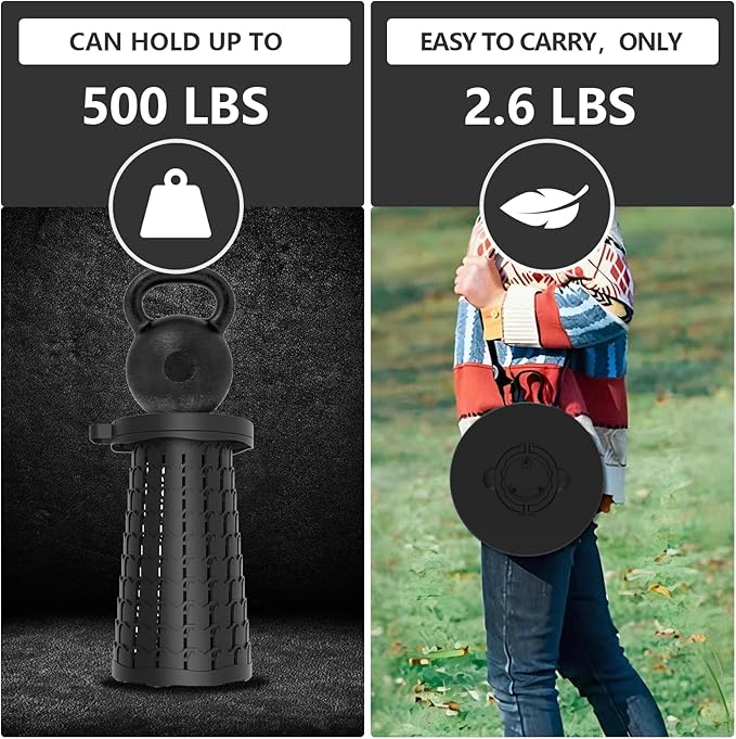 Upgraded Collapsible Stool with Max Load Capacity 330lbs Portable Telescoping & Folding Design Retractable Seat for Camping, Gardening, Fishing & Outdoor Adventures (Black)