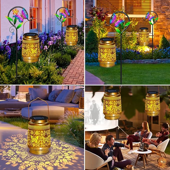 2 Pack Butterfly Solar Lanterns Outdoor Waterproof Hanging,Metal Solar Garden Lanterns for Yard Patio Pathway Lawn Front Porch,Birthday Gifts for Mom Woman Grandma