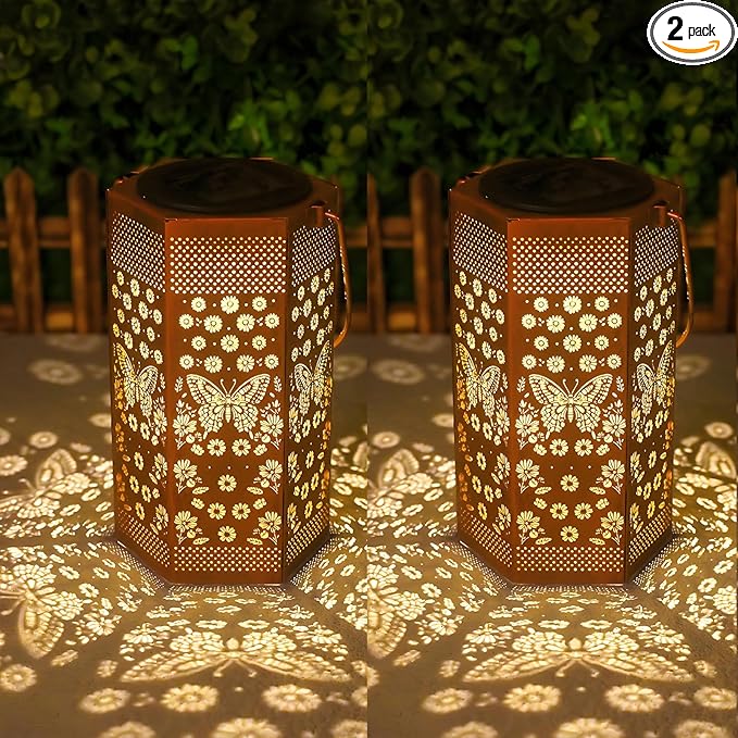 Birthday Gifts for Women Men Mom - Garden Decor Solar Lights Outdoor, 2 Pack Butterfly Solar Lantern Outdoor Waterproof Outdoor Decoration for Outside, Yard, Lawn, Patio Deals