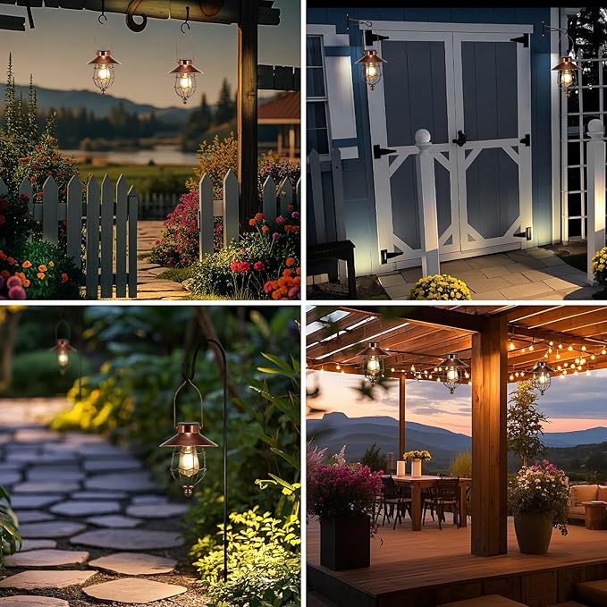 Solar Lanterns Outdoor Hanging Metal Vintage Lantern Warm White Solar Lights lamp Waterproof Edison Bulb Design for Pathway Garden Patio Yard Tree Decoration (Copper)