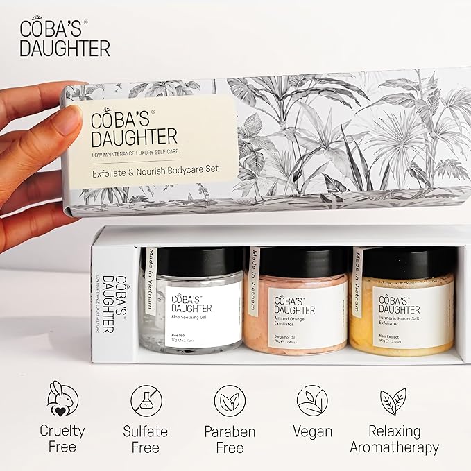 COBA'S DAUGHTER Luxury Spa Gift Set for Women | 3-Piece Mini Body Care Trio, Birthday Gift Set & Mother’s Day Gift for Woman, Travel Size Self-Care Gift (Honey Turmeric, Almond Orange, Aloe Vera)