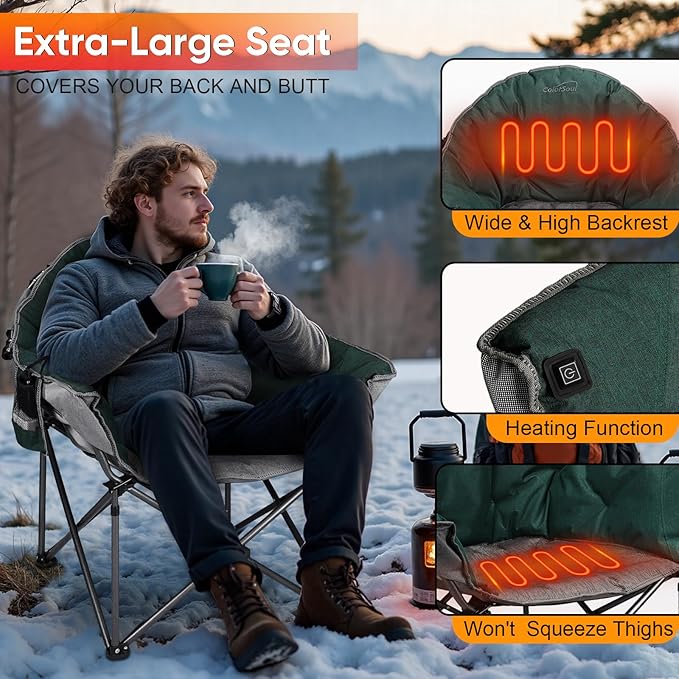 Colorsoul Oversized Heated Camping Chairs Heavy Duty, Fully Thick Padded Heated Chairs for Outdoor Sports, Heated Folding Chair for Adults Support 450lbs, 3 Heat Levels, Battery NOT Included