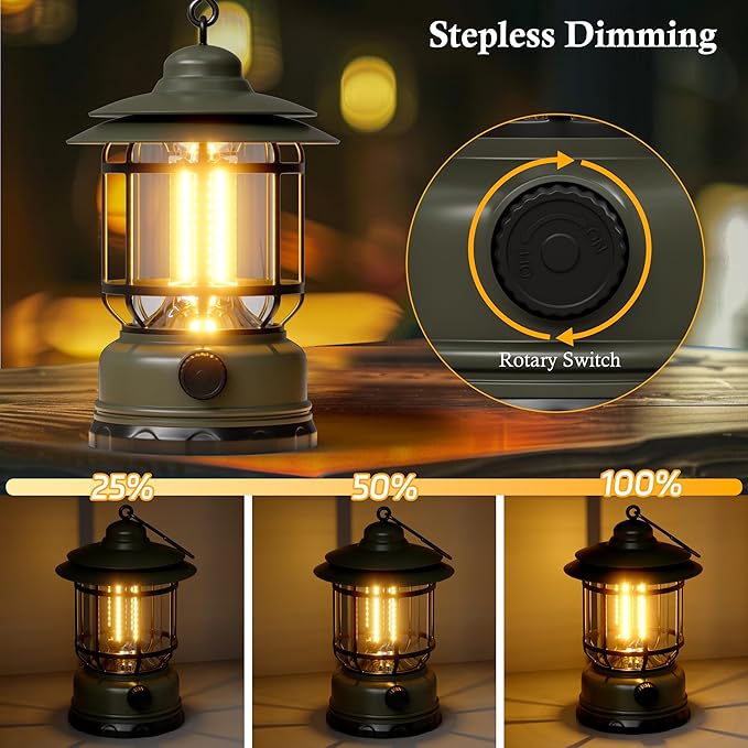 LED Camping Lanterns,1500LM Step-less Dimming, Lightweight Retro Battery Powered USB Rechargeable Tent Lights,Portable Flashlight for Power Outages Emergency Hiking Hurricane Light1 Pack Green