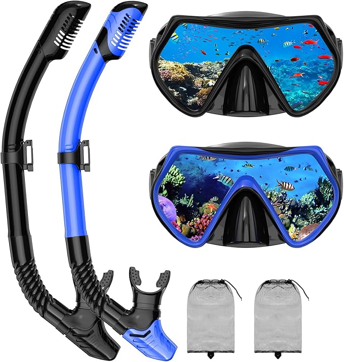 Snorkeling Gear for Adults, Adult Snorkel Mask Set Scuba Diving Dry-Top, Swimming Goggles w/Nose Cover, HD Tempered Glass Panoramic Anti-Leak Anti-Fog, Travel Snorkeling Packages Storage Bag, 2 Pack
