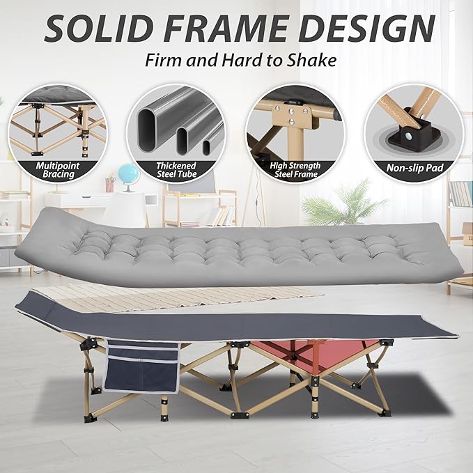 Folding Camping Cot for Sleeping, Portable Cots for Adults, Heavy Duty Cot Bed 550LBS(Max Load), Extra Wider Cots with Large Pocket for Outdoor, Office, Beach