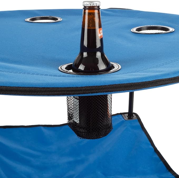 Wakeman Camp Table - Round 2-Tier Folding Table with 4 Cupholders and Carrying Bag - for Camping, Beach, Picnic, Sporting Events, and More Outdoors,Blue