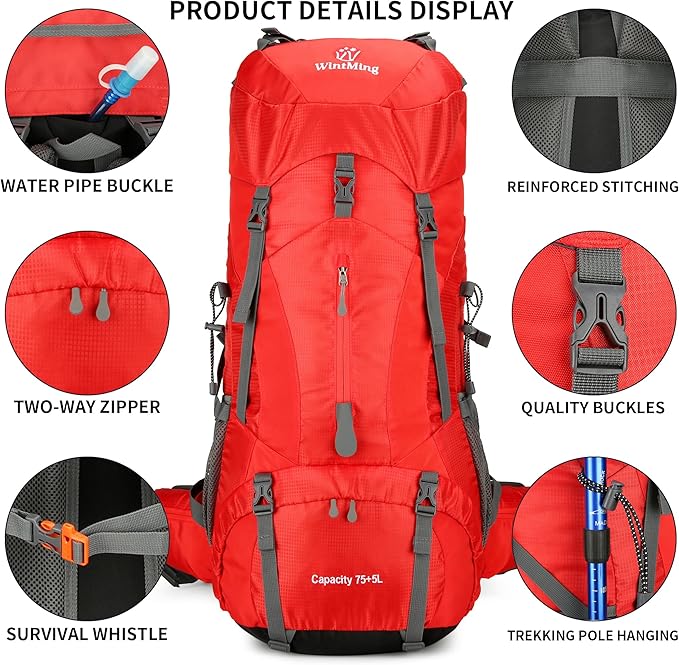 WintMing 75L Hiking Backpack with Rain Cover Waterproof Camping Backpack Shoes Warehouse for Men Women