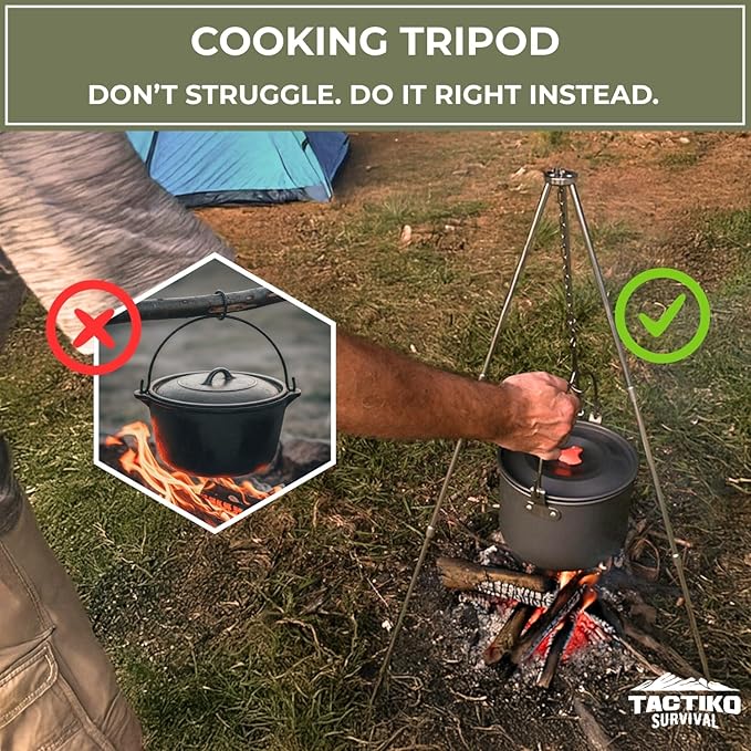 Tactiko Survival Campfire Cooking Tripod – 33" Stainless Steel Folding Stand with Adjustable Chain – Compact & Lightweight Outdoor Gear for Hanging Kettles, Pots & Percolators – Carry Bag Included