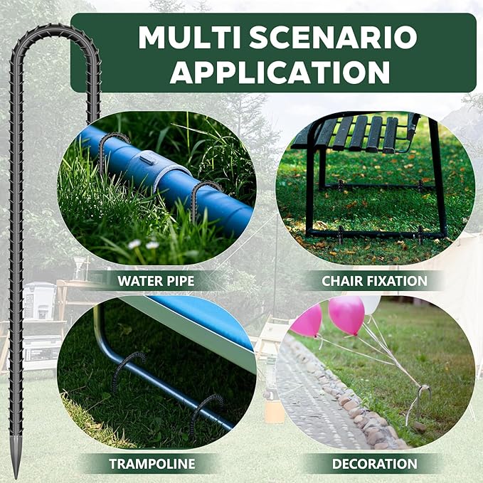 30 Pieces 12 Inch Long 5/16 Inch Diameter Rebar Tent Stakes Heavy Duty, Ground Anchors,Rebar Yard Fence Metal Lawn Bounce House Stakes Heavy Duty, Chain Link Fence J Hooks for Garden Wire Fencing